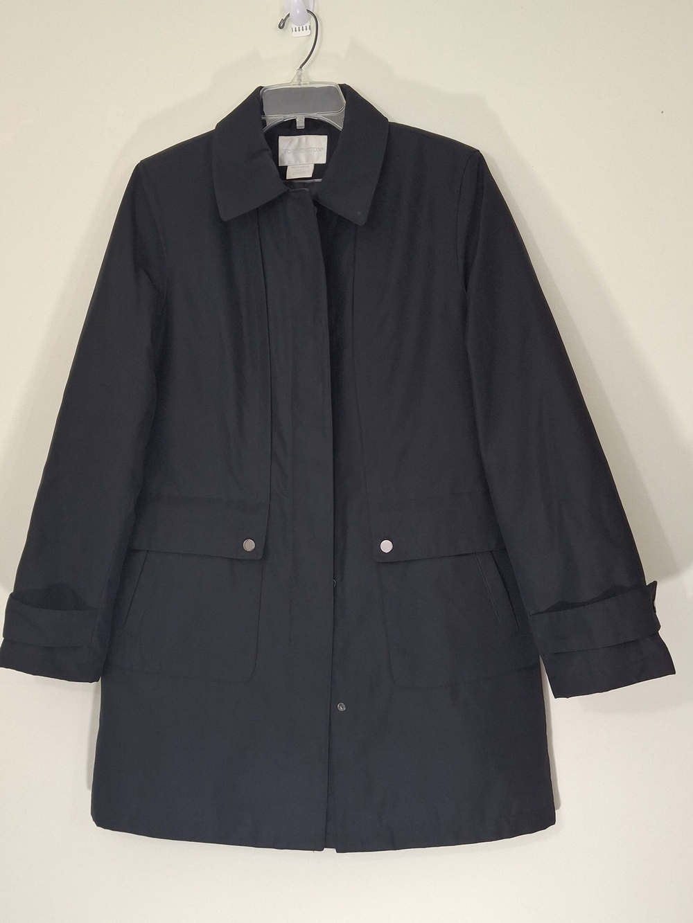 Worthington Black Trench Coat with Flap Pockets, Size Medium